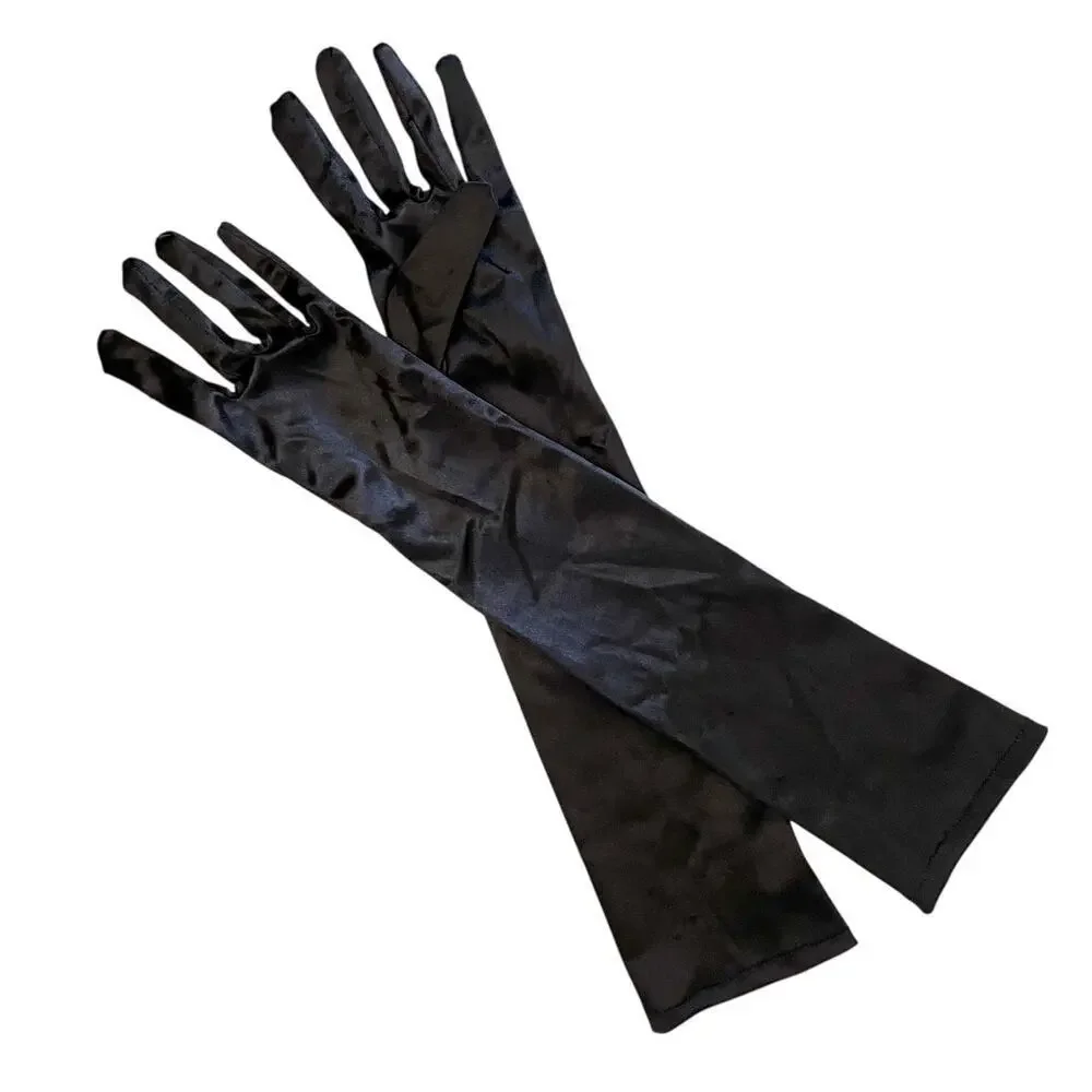 Vintage Black Satin Long Formal Elbow-Length Evening Gloves Size S/M